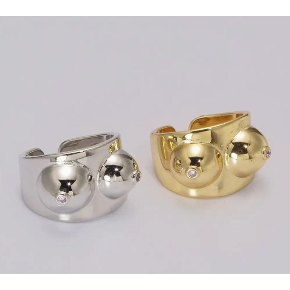 Silver Boobs Ring Novelty Breast Cancer Awareness. Or Breastfeeding Adjustable - Picture 4 of 4